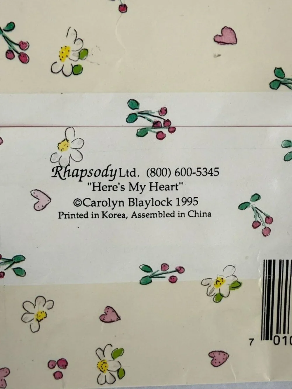 Vintage Here's My Heart Gift Bag Carolyn Blaylock 1995 Cottage Granny Core Heart